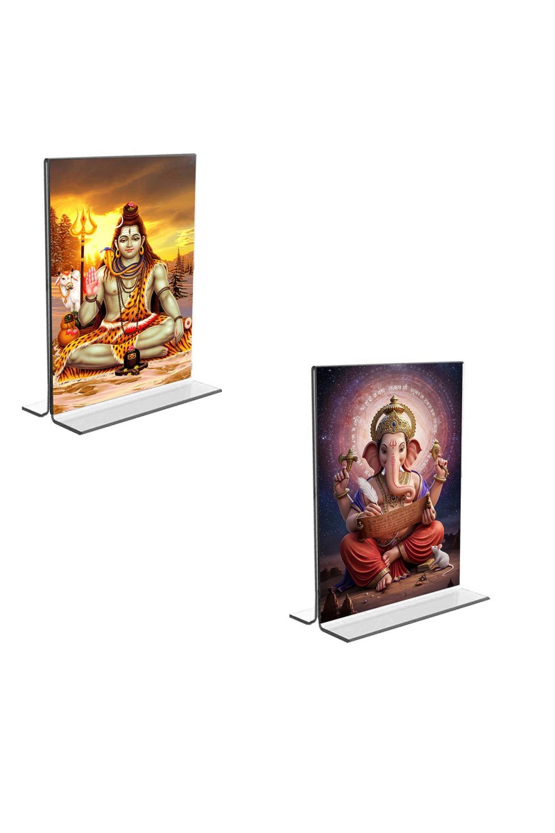 Car Desk/Table Top Lord Shiva & Lord Ganesh  Acrylic T-Style Photo Stand - 2.5x3.5 Inches, Compact and Stylish Spiritual Display, easily change  2 photos ( Pack of 1 )