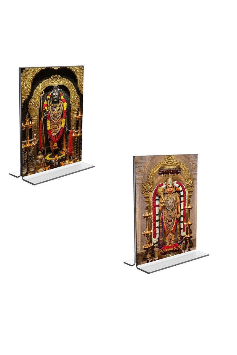 Car Desk/Table Top Lord Shiva & Sri Hanuman  Acrylic T-Style Photo Stand - 2.5x3.5 Inches, Compact and Stylish Spiritual Display, easily change  2 photos ( Pack of 1 )