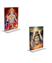 Car Desk/Table Top Lord Shiva & Sri Hanuman  Acrylic T-Style Photo Stand - 2.5x3.5 Inches, Compact and Stylish Spiritual Display, easily change  2 photos ( Pack of 1 )