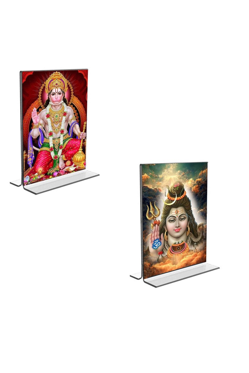 Car Desk/Table Top Lord Shiva & Sri Hanuman  Acrylic T-Style Photo Stand - 2.5x3.5 Inches, Compact and Stylish Spiritual Display, easily change  2 photos ( Pack of 1 )