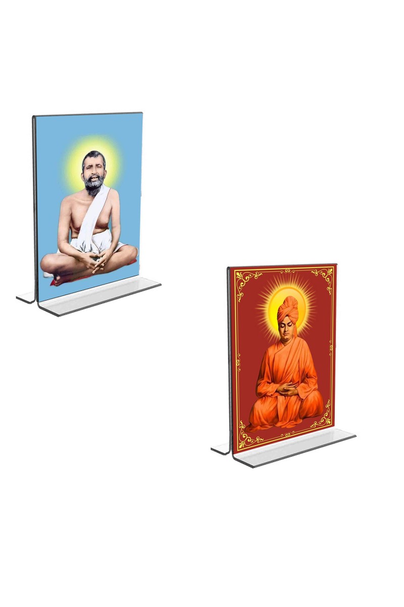 Car Desk/Table Top Sri Ramakrishna Paramhansa & Swami Vivekananda  Acrylic T-Style Photo Stand - 2.5x3.5 Inches, Compact and Stylish Spiritual Display, easily change  2 photos ( Pack of 1 )