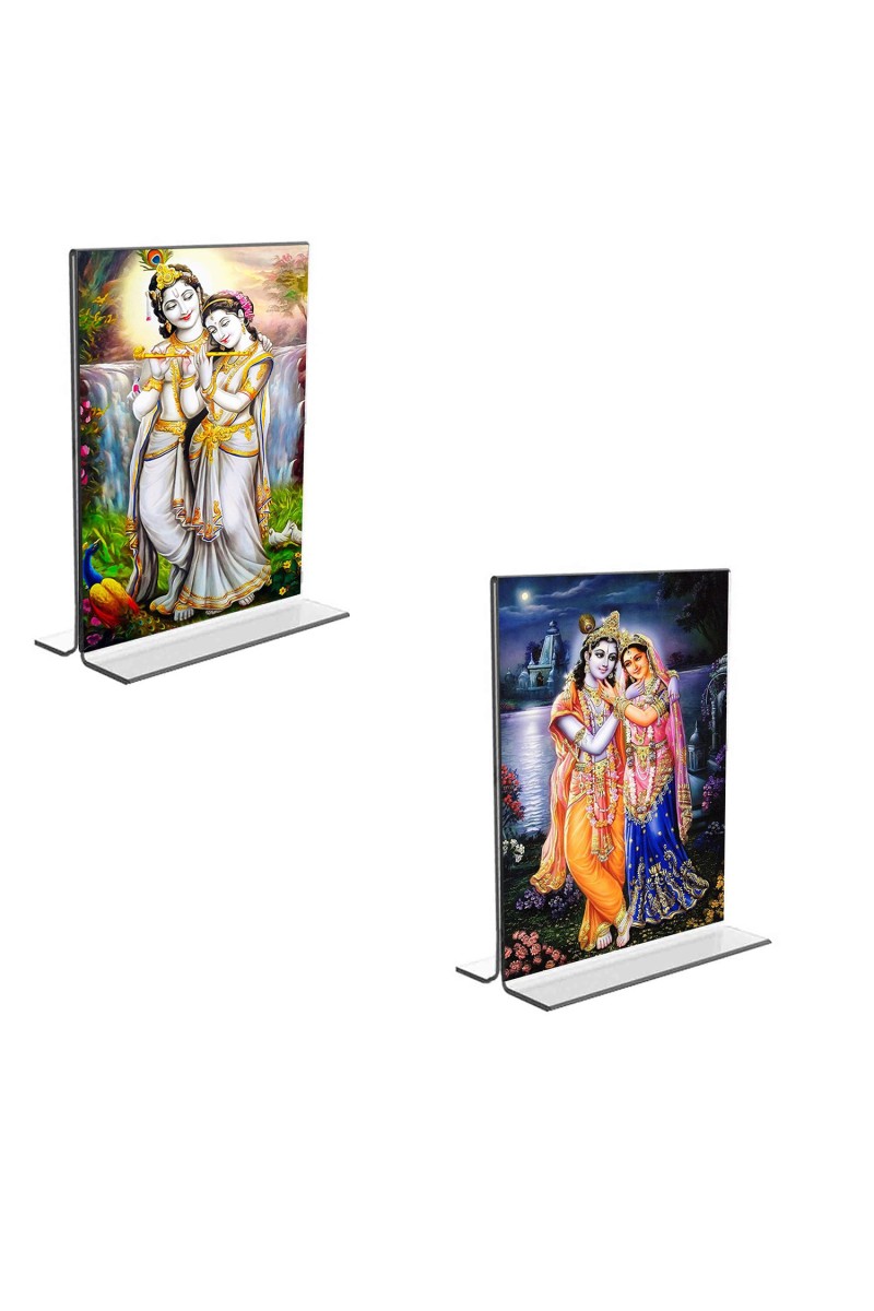 Car Desk/Table Top Sri Radha Sri Krishna  Acrylic T-Style Photo Stand - 2.5x3.5 Inches, Compact and Stylish Spiritual Display, easily change  2 photos ( Pack of 1 )