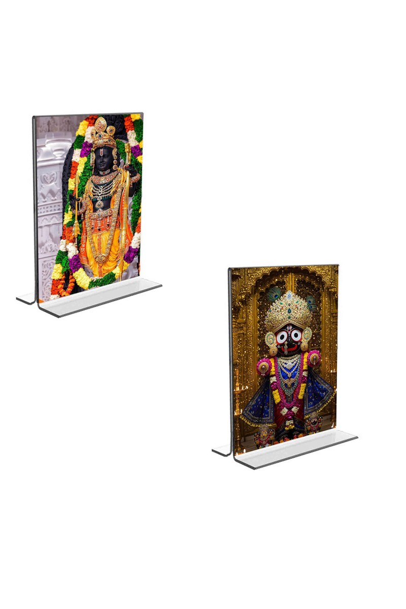 Car Desk/Table Top Lord Ram Lalla & Lord Jagannath  Acrylic T-Style Photo Stand - 2.5x3.5 Inches, Compact and Stylish Spiritual Display, easily change  2 photos ( Pack of 1 )