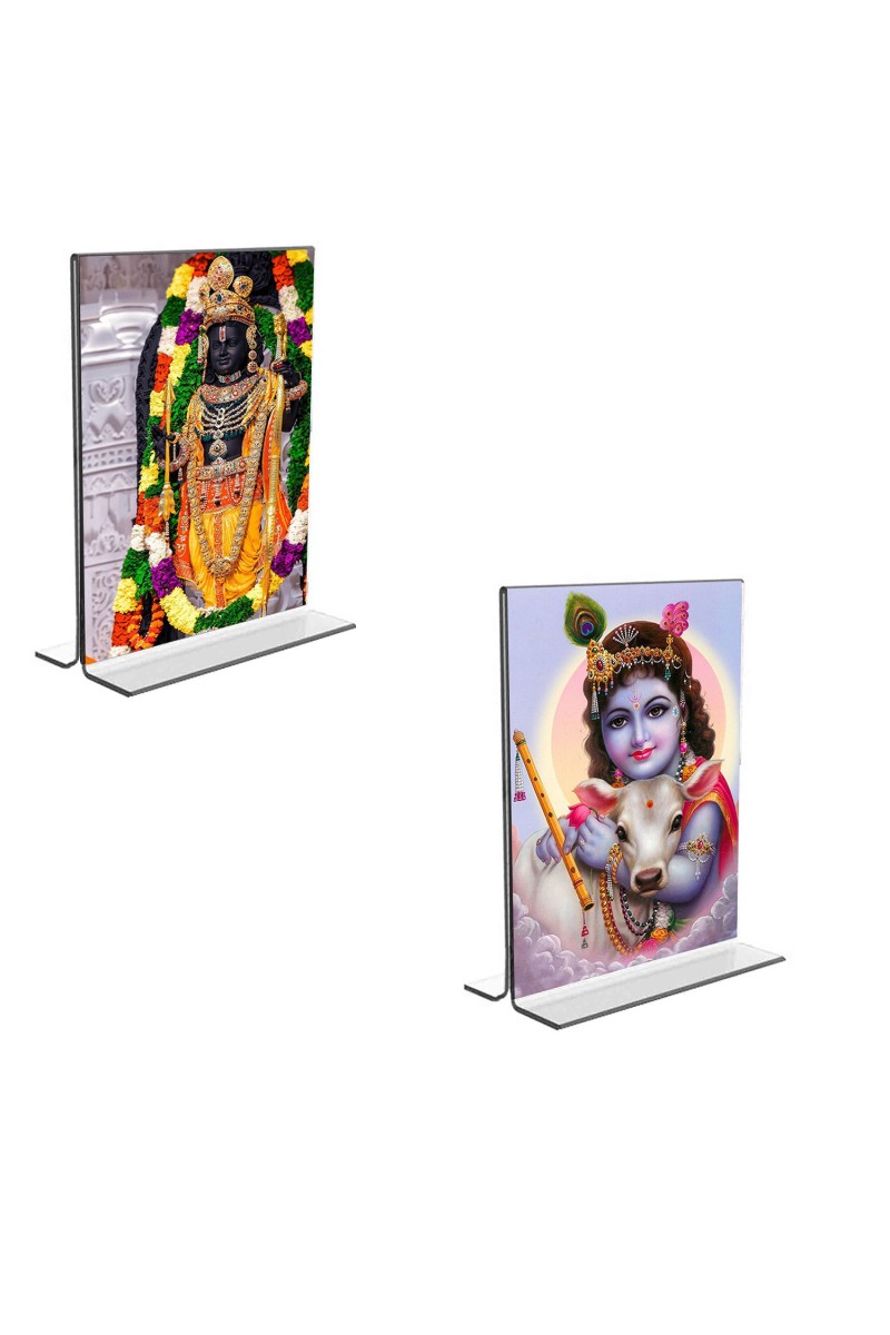Car Desk/Table Top Lord Ram Lalla & Sri Krishna  Acrylic T-Style Photo Stand - 2.5x3.5 Inches, Compact and Stylish Spiritual Display, easily change  2 photos ( Pack of 1 )