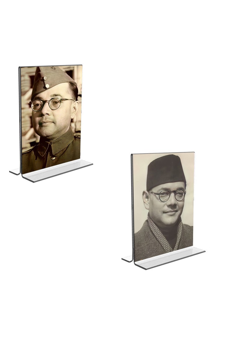 Car Desk/Table Top Netaji Subhas Chandra Bose  Acrylic T-Style Photo Stand - 2.5x3.5 Inches, Compact and Stylish Spiritual Display, easily change  2 photos ( Pack of 1 )
