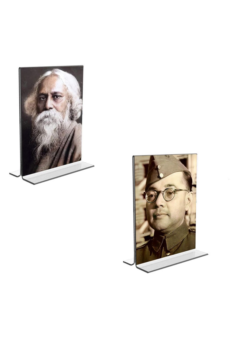 Car Desk/Table Top Sri Rabindranath Tagore and  Netaji Subhash Chandra Bose  Acrylic T-Style Photo Stand - 2.5x3.5 Inches, Compact and Stylish Spiritual Display, easily change  2 photos ( Pack of 1 )