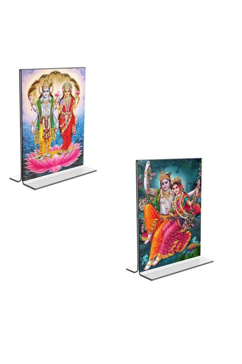 Car Desk/Table Top Sri Lakshmi Narayan & Sri Radha Krishna  Acrylic T-Style Photo Stand - 2.5x3.5 Inches, Compact and Stylish Spiritual Display, easily change  2 photos ( Pack of 1 )