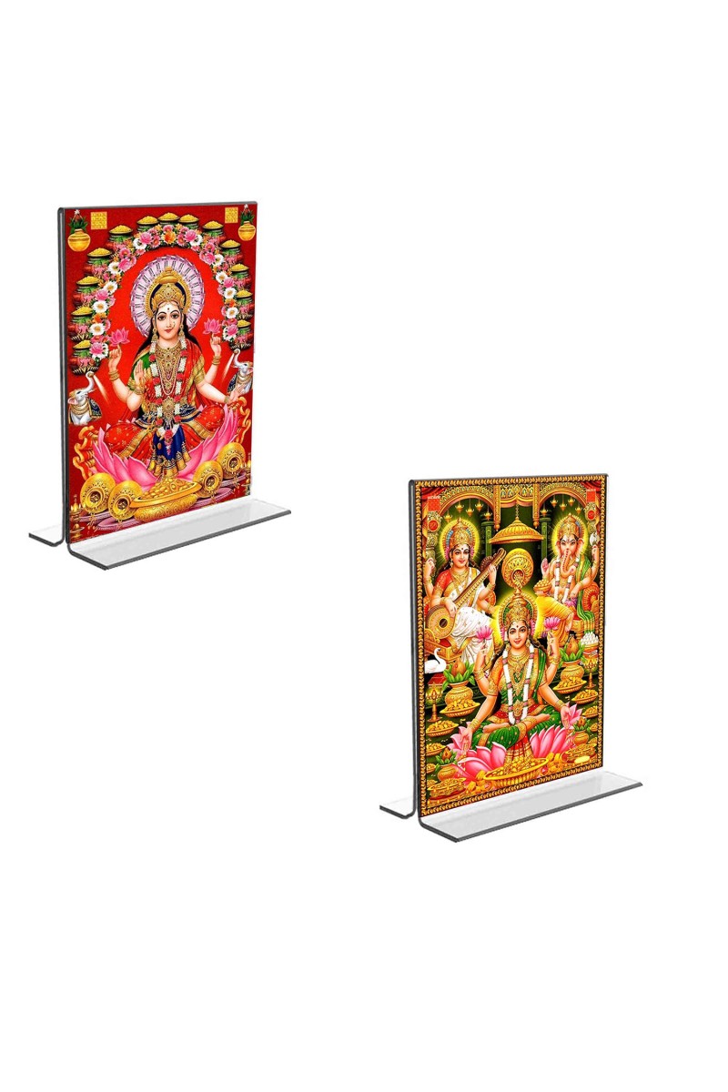 Car Desk/Table Top Maa Lakhsmi Sri Ganesh Maa Saraswati  Acrylic T-Style Photo Stand - 2.5x3.5 Inches, Compact and Stylish Spiritual Display, easily change  2 photos ( Pack of 1 )