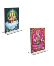 Car Desk/Table Top Maa Saraswati & Maa Lakshmi  Acrylic T-Style Photo Stand - 2.5x3.5 Inches, Compact and Stylish Spiritual Display, easily change  2 photos ( Pack of 1 )