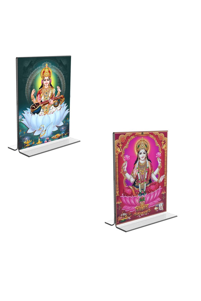 Car Desk/Table Top Maa Saraswati & Maa Lakshmi  Acrylic T-Style Photo Stand - 2.5x3.5 Inches, Compact and Stylish Spiritual Display, easily change  2 photos ( Pack of 1 )
