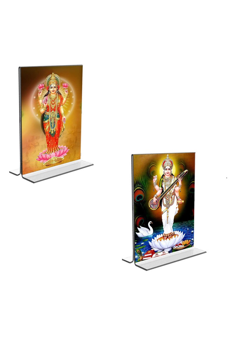 Car Desk/Table Top Maa Saraswati & Maa Lakshmi  Acrylic T-Style Photo Stand - 2.5x3.5 Inches, Compact and Stylish Spiritual Display, easily change  2 photos ( Pack of 1 )