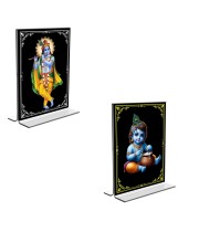 Car Desk/Table Top Sri Krishna  Acrylic T-Style Photo Stand - 2.5x3.5 Inches, Compact and Stylish Spiritual Display, easily change  2 photos ( Pack of 1 )