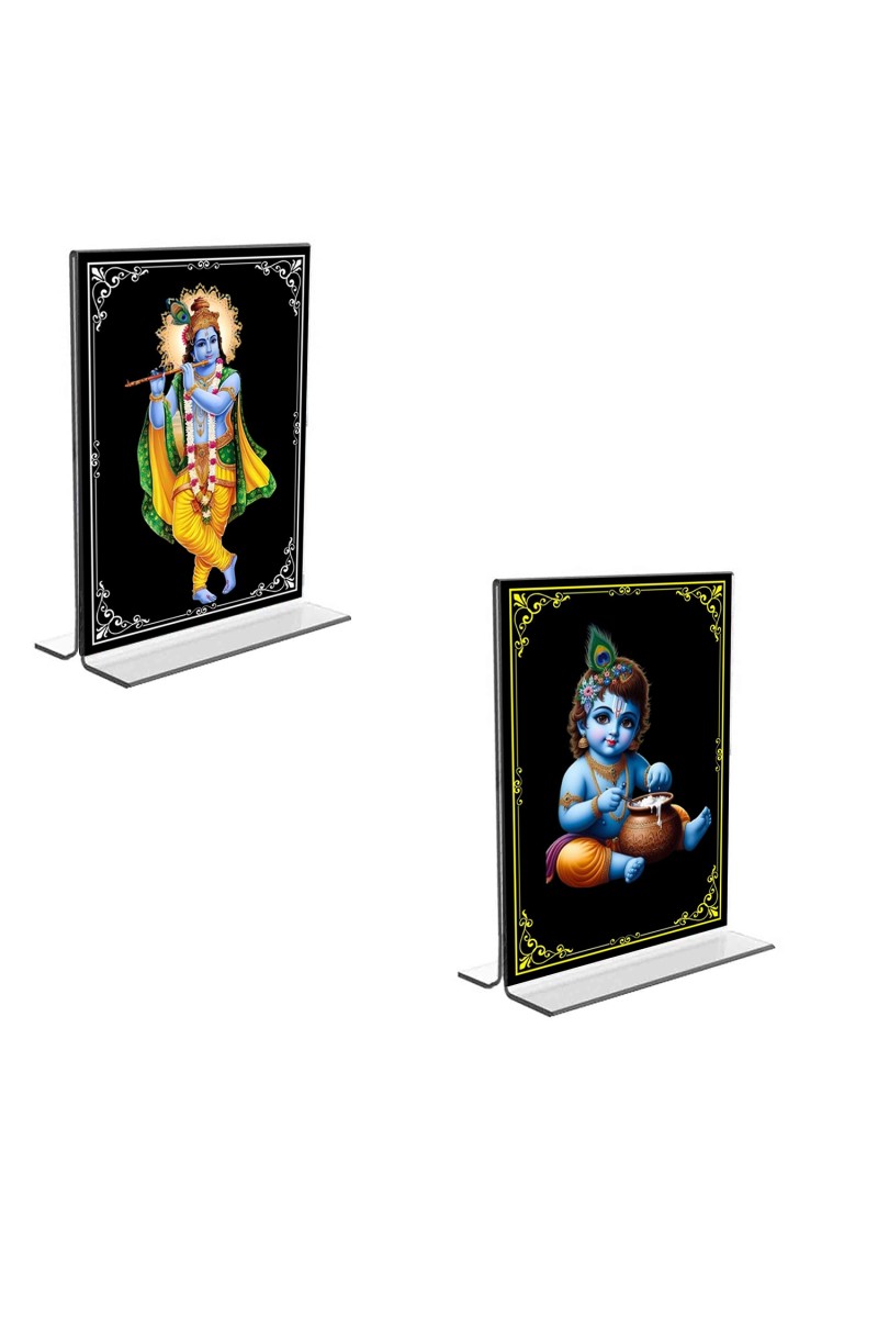 Car Desk/Table Top Sri Krishna  Acrylic T-Style Photo Stand - 2.5x3.5 Inches, Compact and Stylish Spiritual Display, easily change  2 photos ( Pack of 1 )