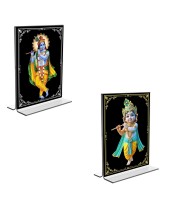 Car Desk/Table Top Sri Krishna  Acrylic T-Style Photo Stand - 2.5x3.5 Inches, Compact and Stylish Spiritual Display, easily change  2 photos ( Pack of 1 )