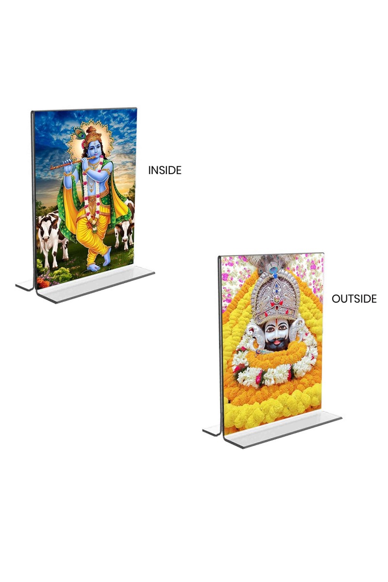 Car Desk/Table Top Lord Khatu shyam & Sri Krishna  Acrylic T-Style Photo Stand - 2.5x3.5 Inches, Compact and Stylish Spiritual Display, easily change  2 photos ( Pack of 1 )