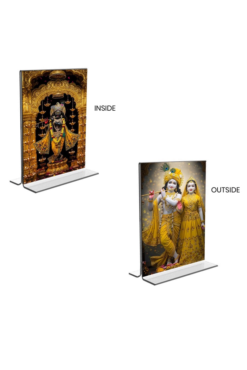 Car Desk/Table Top Sri Radha Krishna &  Sri Krishna  Acrylic T-Style Photo Stand - 2.5x3.5 Inches, Compact and Stylish Spiritual Display, easily change  2 photos ( Pack of 1 )