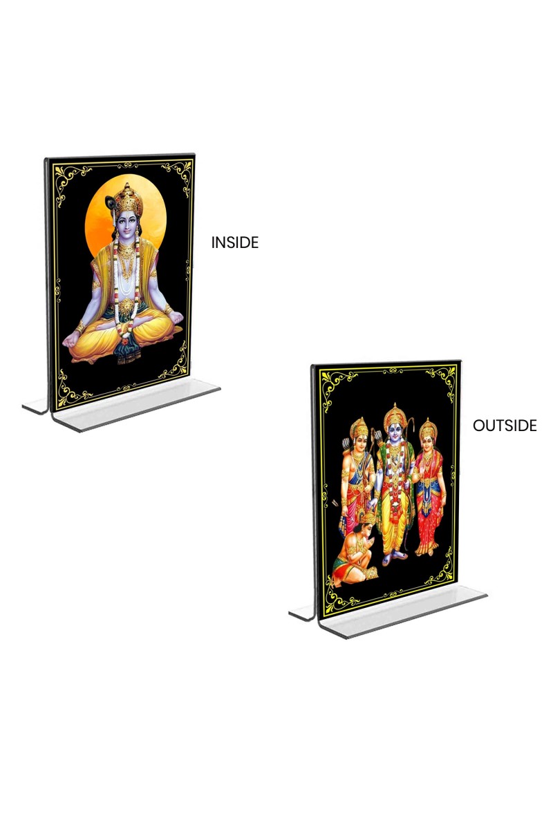 Car Desk/Table Top Sri Krishna & Ram Darbar  Acrylic T-Style Photo Stand - 2.5x3.5 Inches, Compact and Stylish Spiritual Display, easily change  2 photos ( Pack of 1 )