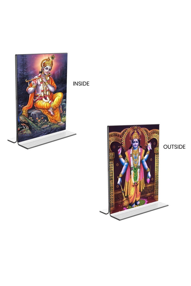 Car Desk/Table Top Sri Krishna & Lord Narayan  Acrylic T-Style Photo Stand - 2.5x3.5 Inches, Compact and Stylish Spiritual Display, easily change  2 photos ( Pack of 1 )