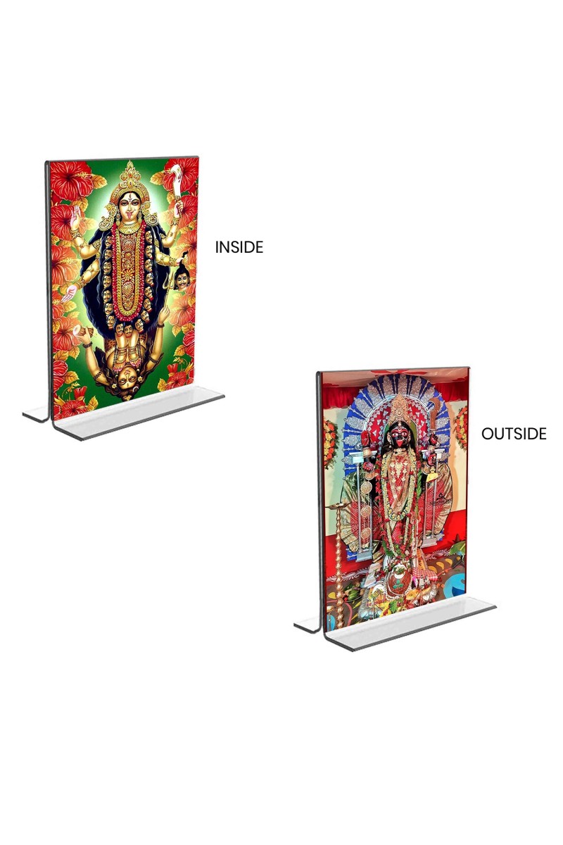 Car Desk/Table Top Maa Kali & Dakshineswar Kali  Acrylic T-Style Photo Stand - 2.5x3.5 Inches, Compact and Stylish Spiritual Display, easily change  2 photos ( Pack of 1 )