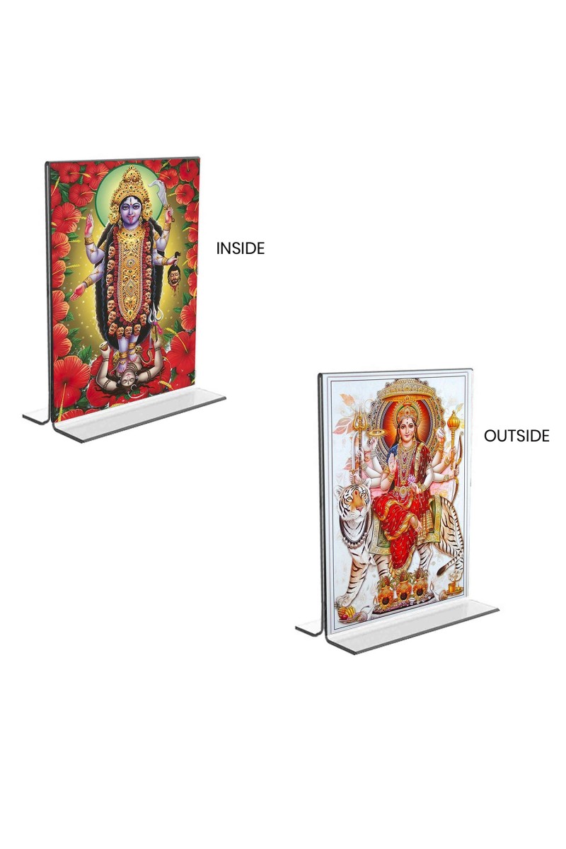 Car Desk/Table Top Maa Kali & Maa Durga  Acrylic T-Style Photo Stand - 2.5x3.5 Inches, Compact and Stylish Spiritual Display, easily change  2 photos ( Pack of 1 )