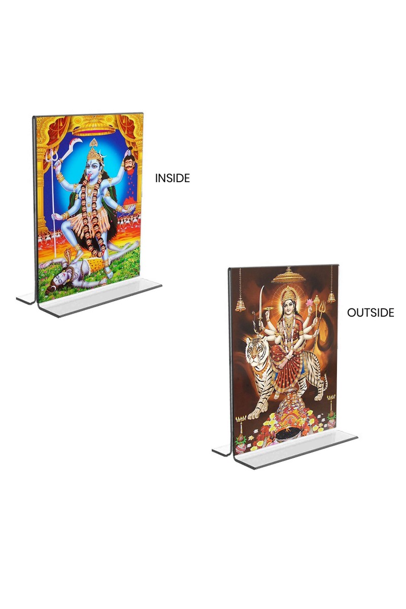 Car Desk/Table Top Maa Kali & Maa Durga  Acrylic T-Style Photo Stand - 2.5x3.5 Inches, Compact and Stylish Spiritual Display, easily change  2 photos ( Pack of 1 )