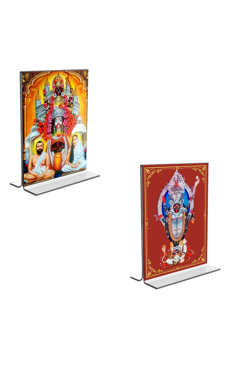 Car Desk/Table Top Maa Kali & Dakshineswar Kali  Acrylic T-Style Photo Stand - 2.5x3.5 Inches, Compact and Stylish Spiritual Display, easily change  2 photos ( Pack of 1 )