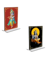 Car Desk/Table Top Lord Krishna  Acrylic T-Style Photo Stand - 2.5x3.5 Inches, Compact and Stylish Spiritual Display, easily change  2 photos ( Pack of 1 )