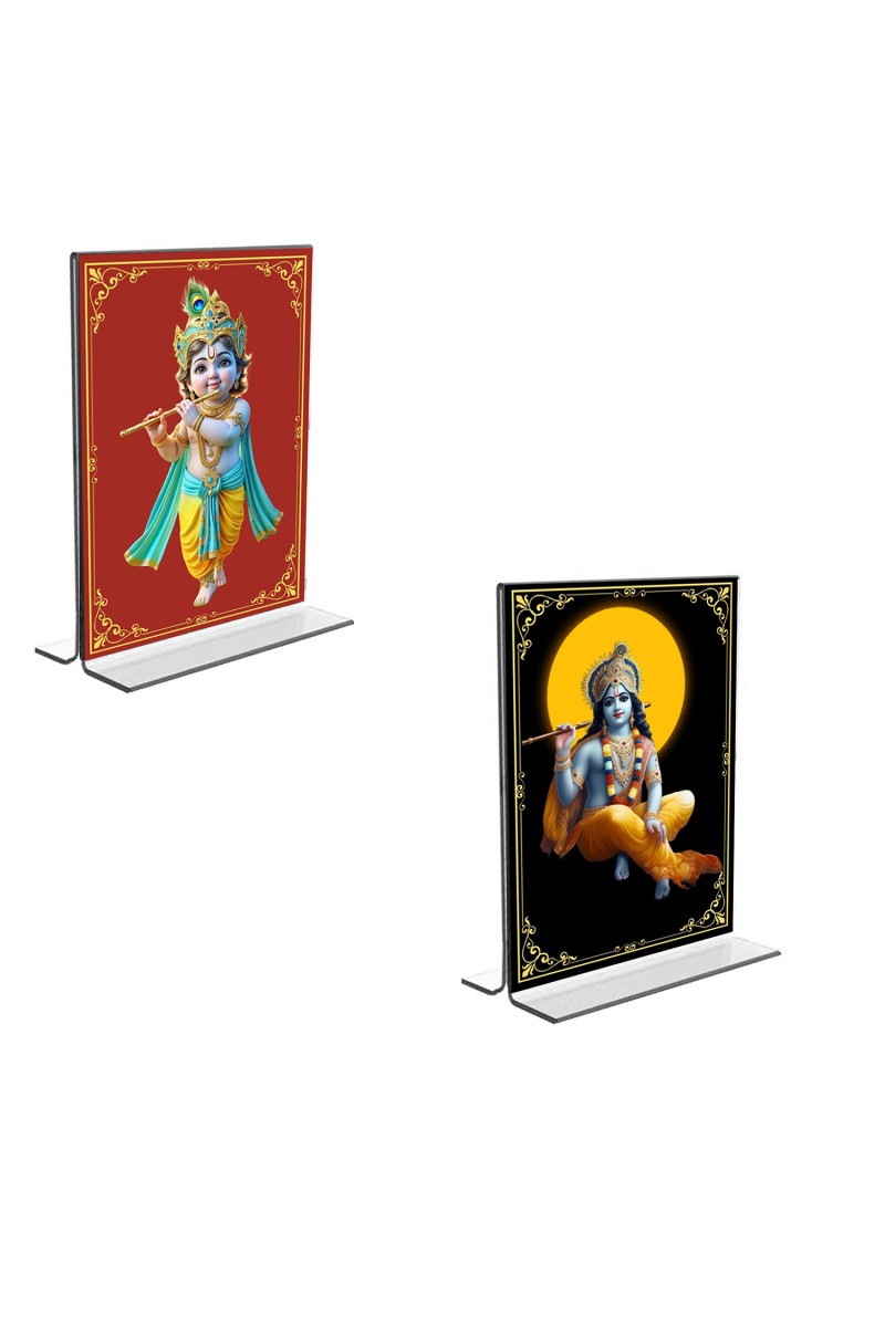 Car Desk/Table Top Lord Krishna  Acrylic T-Style Photo Stand - 2.5x3.5 Inches, Compact and Stylish Spiritual Display, easily change  2 photos ( Pack of 1 )