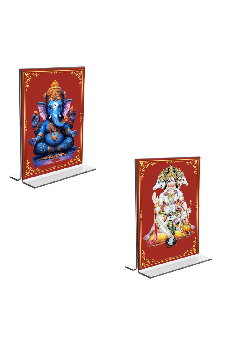 Car Desk/Table Top Sri Ganesh & Panchmukhi Hanuman  Acrylic T-Style Photo Stand - 2.5x3.5 Inches, Compact and Stylish Spiritual Display, easily change  2 photos ( Pack of 1 )
