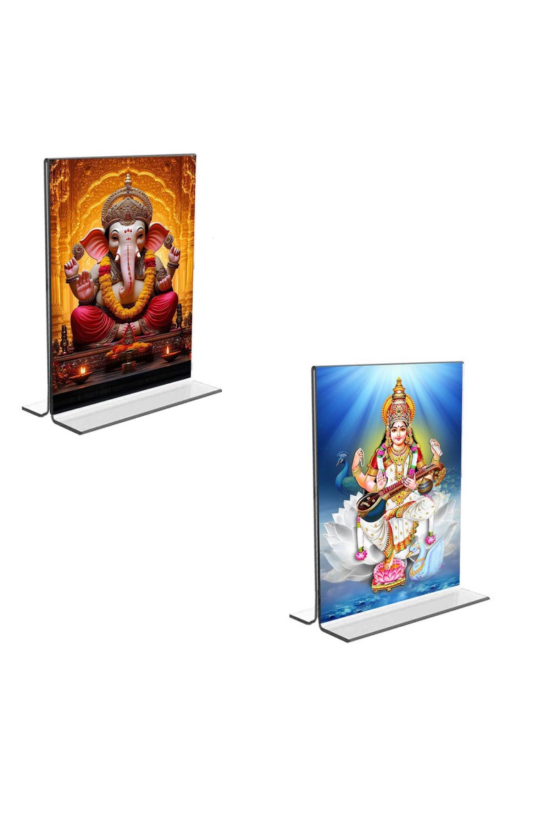 Car Desk/Table Top Sri Ganesh & Maa Saraswati  Acrylic T-Style Photo Stand - 2.5x3.5 Inches, Compact and Stylish Spiritual Display, easily change  2 photos ( Pack of 1 )