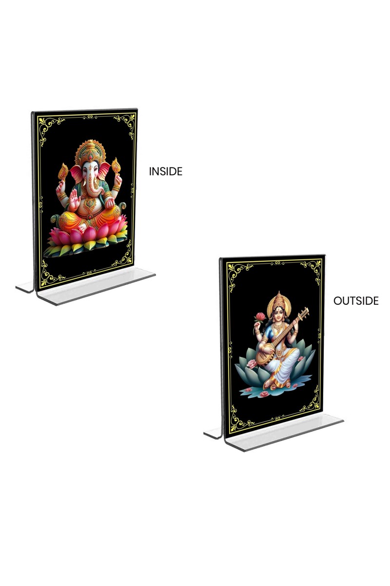 Car Desk/Table Top Sri Ganesh & Maa Saraswati  Acrylic T-Style Photo Stand - 2.5x3.5 Inches, Compact and Stylish Spiritual Display, easily change  2 photos ( Pack of 1 )
