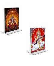 Car Desk/Table Top Sri Ganesh & Maa Saraswati  Acrylic T-Style Photo Stand - 2.5x3.5 Inches, Compact and Stylish Spiritual Display, easily change  2 photos ( Pack of 1 )