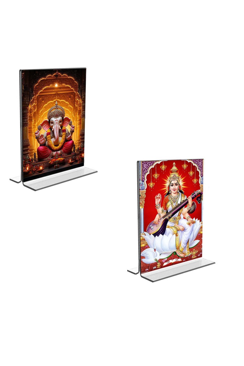 Car Desk/Table Top Sri Ganesh & Maa Saraswati  Acrylic T-Style Photo Stand - 2.5x3.5 Inches, Compact and Stylish Spiritual Display, easily change  2 photos ( Pack of 1 )