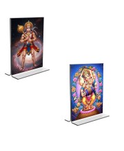 Car Desk/Table Top Sri Hanuman & Lord Ganesh  Acrylic T-Style Photo Stand - 2.5x3.5 Inches, Compact and Stylish Spiritual Display, easily change  2 photos ( Pack of 1 )