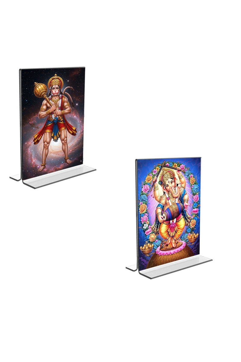 Car Desk/Table Top Sri Hanuman & Lord Ganesh  Acrylic T-Style Photo Stand - 2.5x3.5 Inches, Compact and Stylish Spiritual Display, easily change  2 photos ( Pack of 1 )
