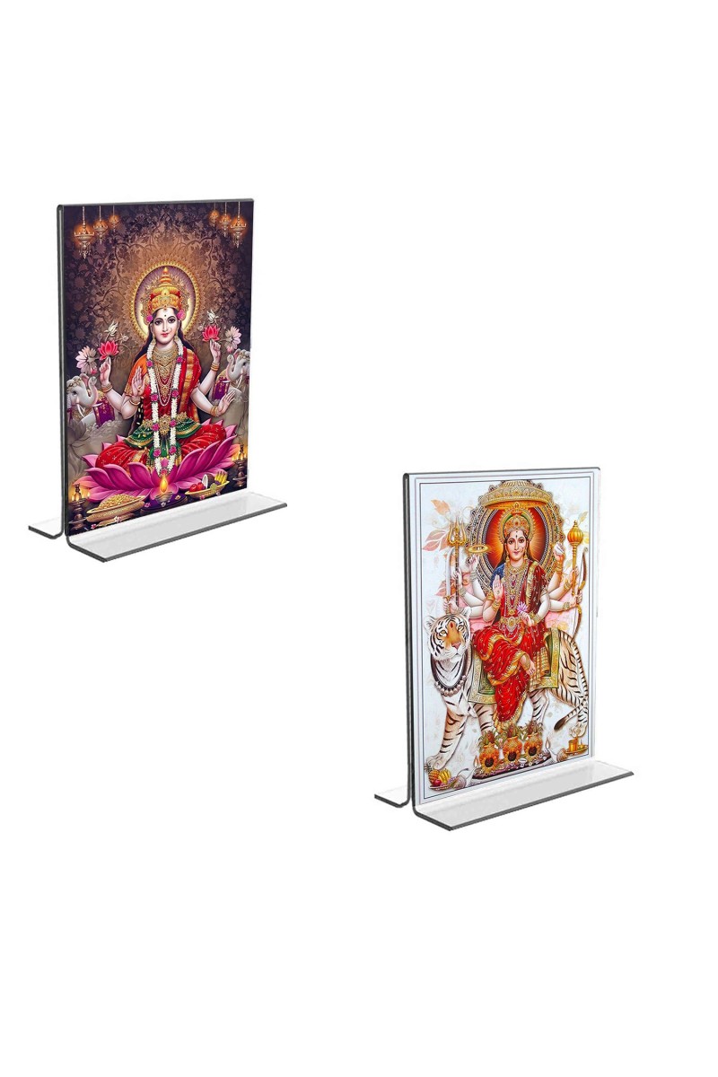 Car Desk/Table Top Maa Lakshmi & Maa Durga  Acrylic T-Style Photo Stand - 2.5x3.5 Inches, Compact and Stylish Spiritual Display, easily change  2 photos ( Pack of 1 )