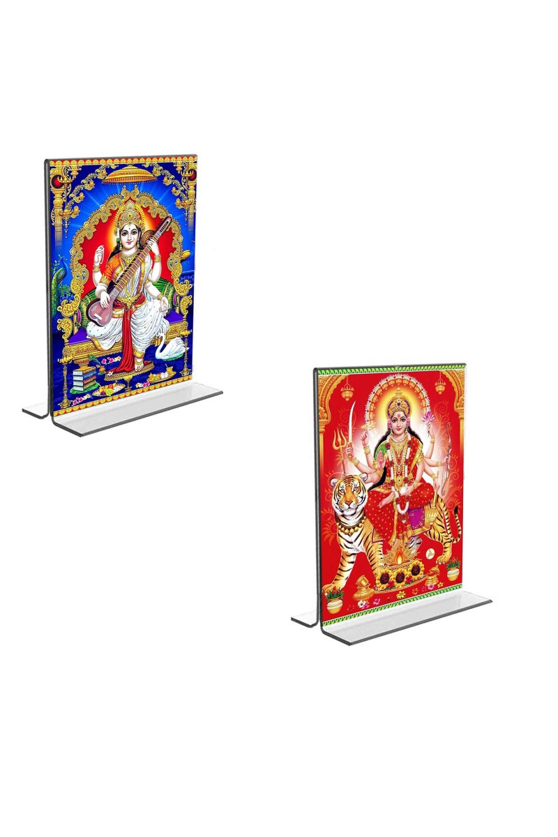 Car Desk/Table Top Maa Saraswati & Maa Durga  Acrylic T-Style Photo Stand - 2.5x3.5 Inches, Compact and Stylish Spiritual Display, easily change  2 photos ( Pack of 1 )