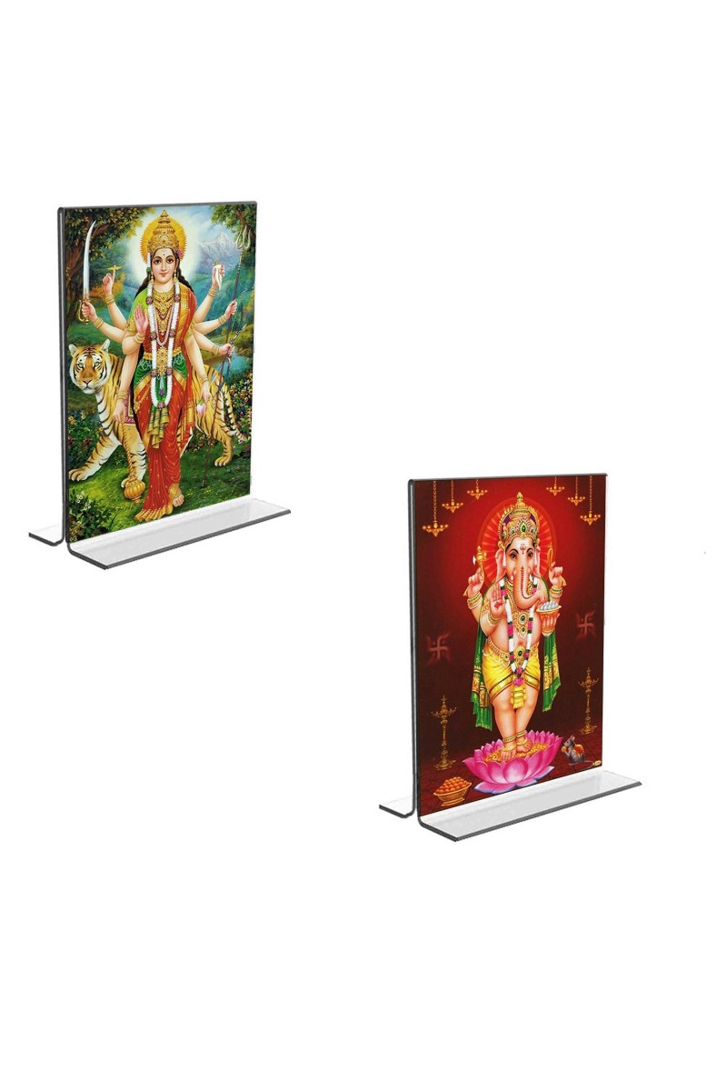 Car Desk/Table Top Lord Ganesh & Maa Durga  Acrylic T-Style Photo Stand - 2.5x3.5 Inches, Compact and Stylish Spiritual Display, easily change  2 photos ( Pack of 1 )