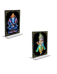 Car Desk/Table Top Sri Ganesh & Sri Krishna  Acrylic T-Style Photo Stand - 2.5x3.5 Inches, Compact and Stylish Spiritual Display, easily change  2 photos ( Pack of 1 )