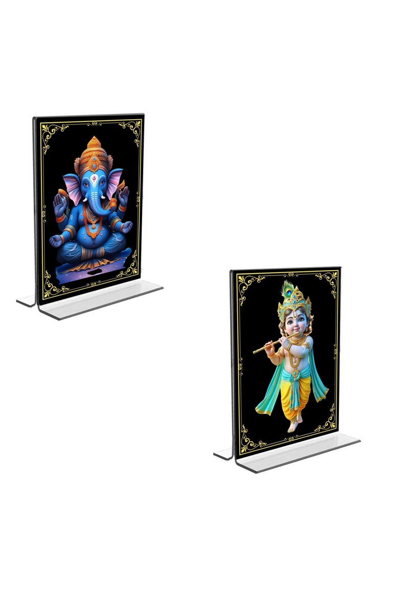 Car Desk/Table Top Sri Ganesh & Sri Krishna  Acrylic T-Style Photo Stand - 2.5x3.5 Inches, Compact and Stylish Spiritual Display, easily change  2 photos ( Pack of 1 )
