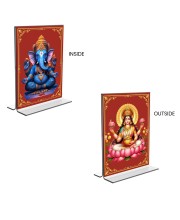 Car Desk/Table Top Sri Ganesh & Maa Lakshmi  Acrylic T-Style Photo Stand - 2.5x3.5 Inches, Compact and Stylish Spiritual Display, easily change  2 photos ( Pack of 1 )