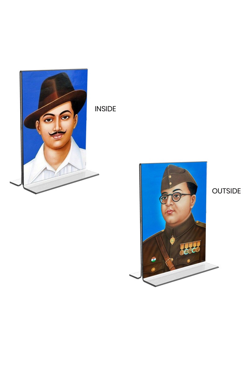 Car Desk/Table Top Sri Bhagat Singh & Netaji Subhas Chandra Bose  Acrylic T-Style Photo Stand - 2.5x3.5 Inches, Compact and Stylish Spiritual Display, easily change  2 photos ( Pack of 1 )