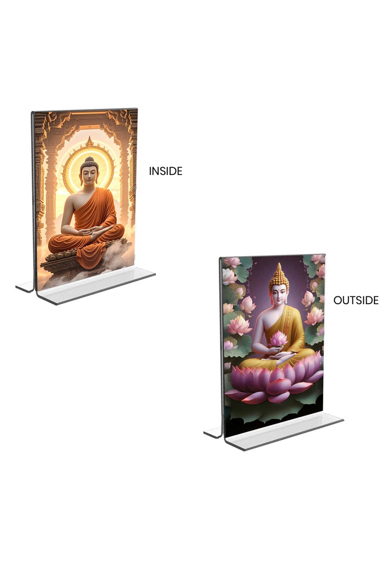 Car Desk/Table Top Buddha  Acrylic T-Style Photo Stand - 2.5x3.5 Inches, Compact and Stylish Spiritual Display, easily change  2 photos ( Pack of 1 )