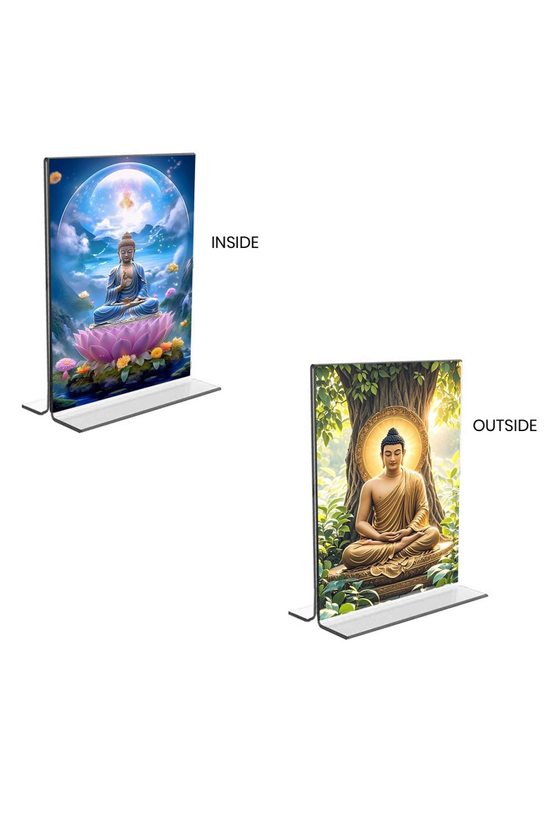 Car Desk/Table Top Buddha  Acrylic T-Style Photo Stand - 2.5x3.5 Inches, Compact and Stylish Spiritual Display, easily change  2 photos ( Pack of 1 )