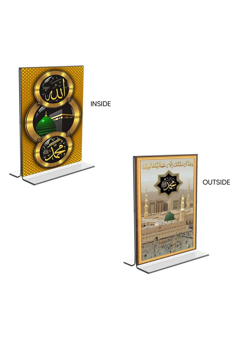 Car Desk/Table Top Islamic Allah & Mecca Madina  Acrylic T-Style Photo Stand - 2.5x3.5 Inches, Compact and Stylish Spiritual Display, easily change  2 photos ( Pack of 1 )