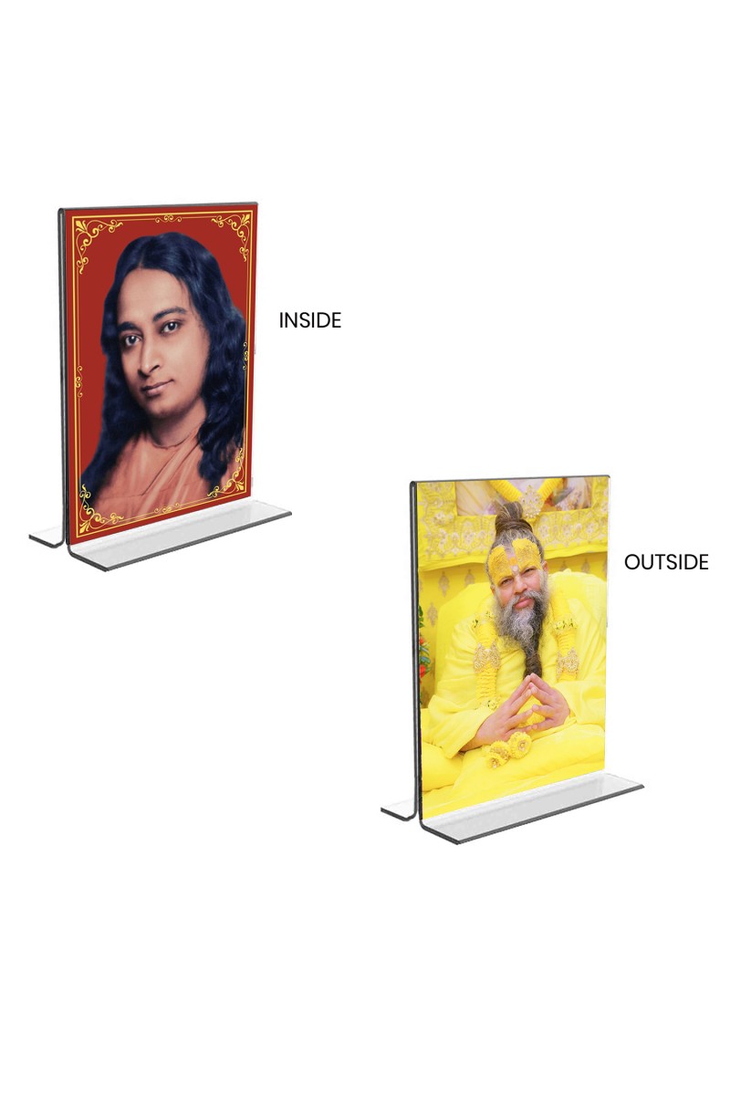 Car Desk/Table Top Sri Sri Paramahansa Yogananda & Sri premanand ji maharaj Acrylic T-Style Photo Stand - 2.5x3.5 Inches, Compact and Stylish Spiritual Display, easily change  2 photos ( Pack of 1 )