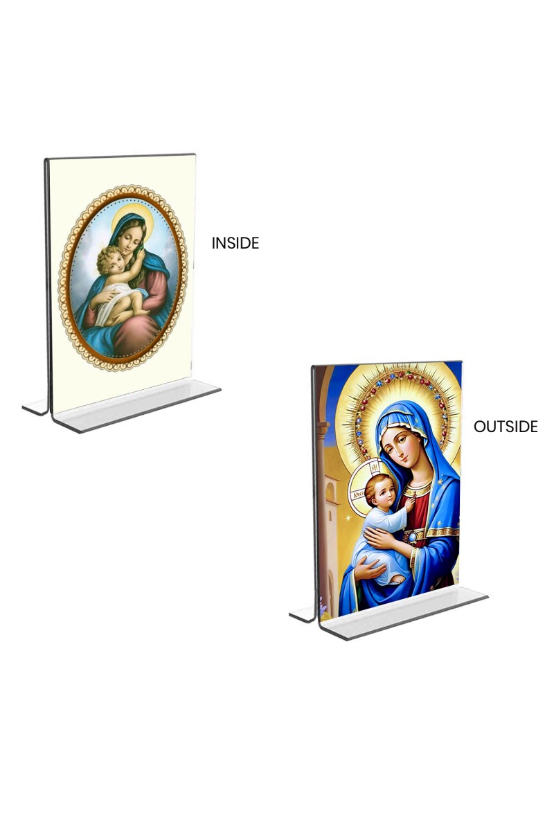 Car Desk/Table Top Mother Mary  Acrylic T-Style Photo Stand - 2.5x3.5 Inches, Compact and Stylish Spiritual Display, easily change  2 photos ( Pack of 1 )