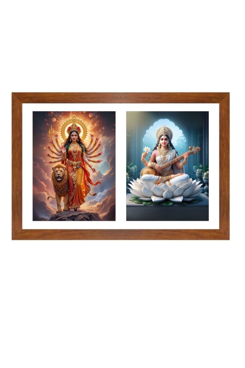 Maa durga and saraswathi Photo Frame - 11x15Inches - Spiritual Artwork for Home Wall Decoration, Puja Room and Office Decoration and Gifting 