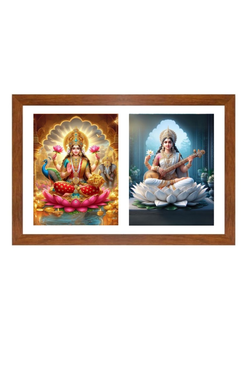 Lakshmi and saraswathi Photo Frame - 11x15Inches - Spiritual Artwork for Home Wall Decoration, Puja Room and Office Decoration and Gifting 