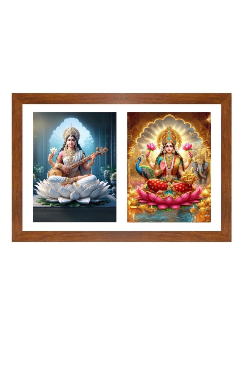 Saraswathi and lakshmi Photo Frame - 11x15Inches - Spiritual Artwork for Home Wall Decoration, Puja Room and Office Decoration and Gifting 